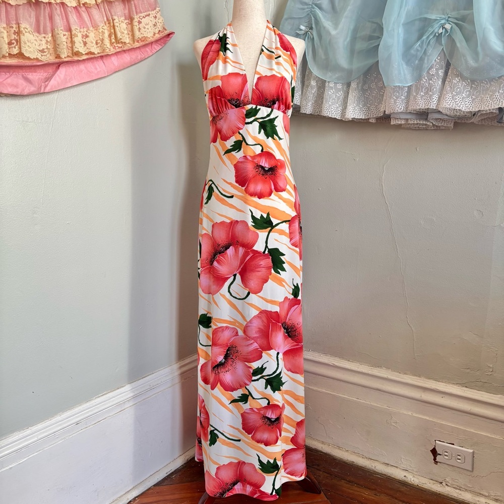 90s Y2k Vintage Bisou Bisou Floral Maxi Halter Dress